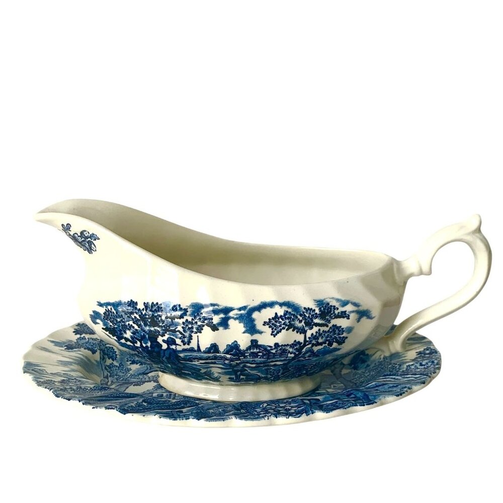 Transferware Gravy Boat Myott The Hunter Blue & White Ironstone Vintage
